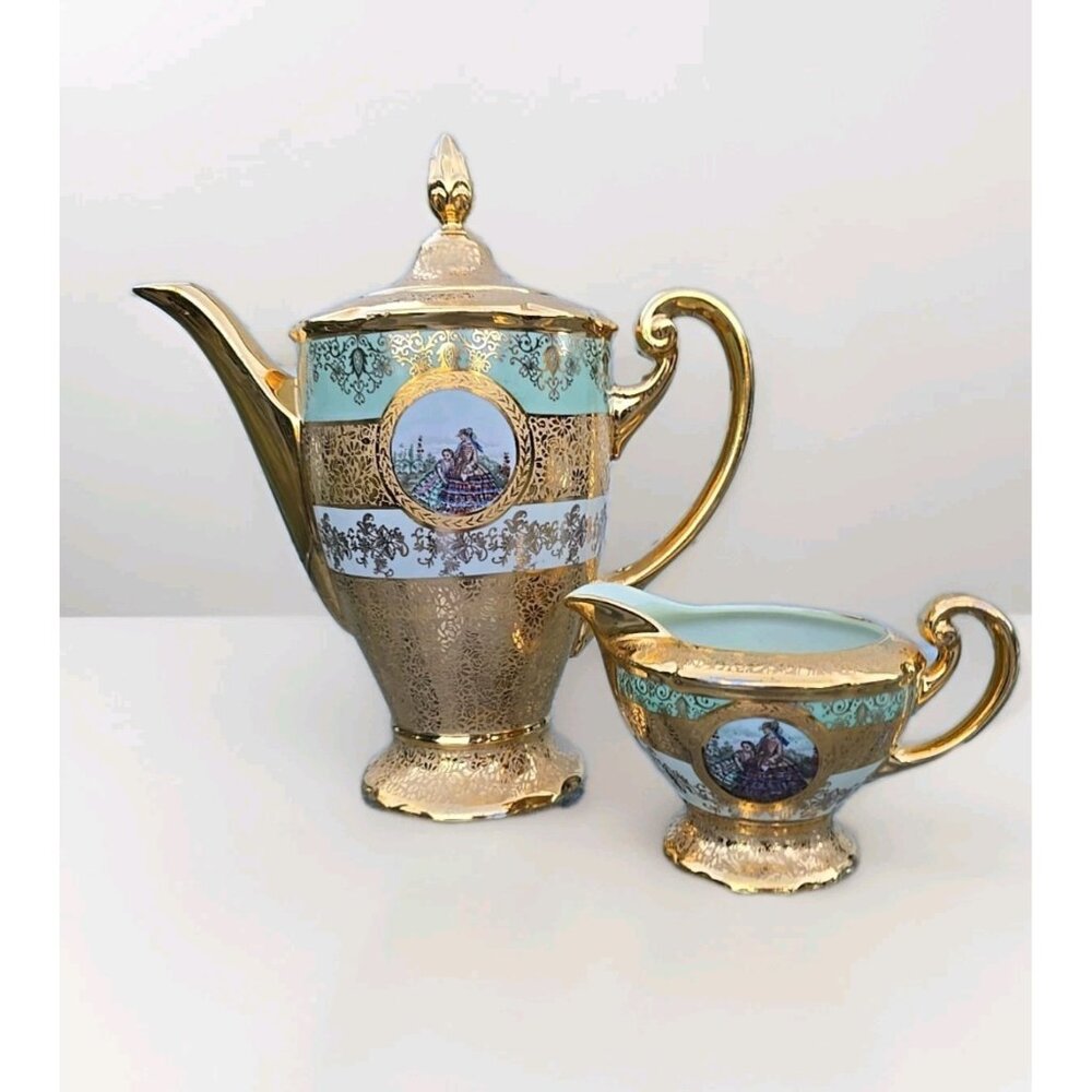LeMieux 24 Karat Gold Coffee Tea Pot Creamer Victorian Courting Couple China 11"